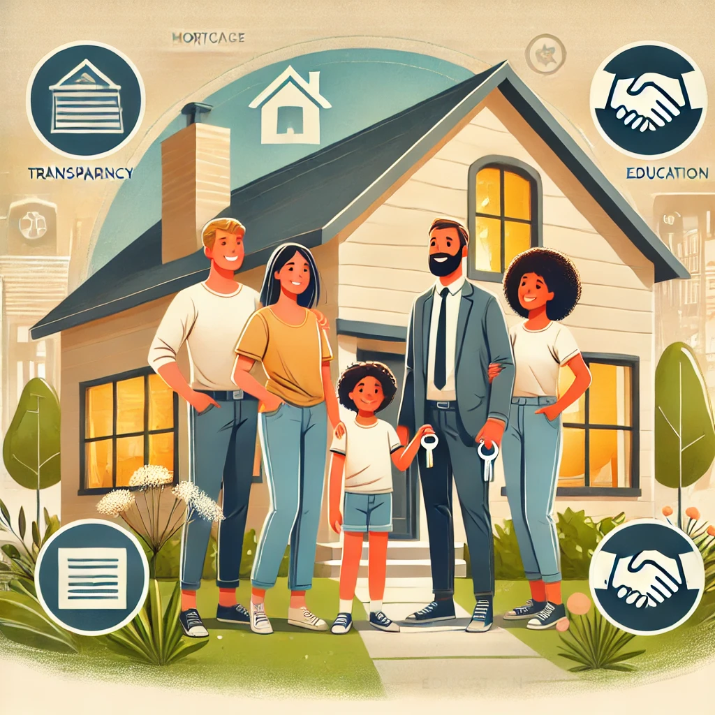Diverse happy family standing in front of their new modern home with keys in hand, representing the core values of transparency, trust, and education