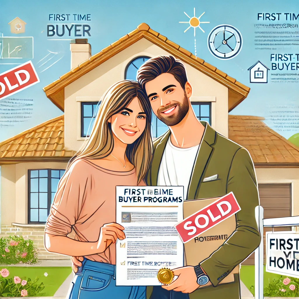 Diverse happy young couple standing in front of their new modern home with a clearly legible 'Sold' sign and first-time buyer program documents in hand, representing the core values of support, opportunity, and guidance