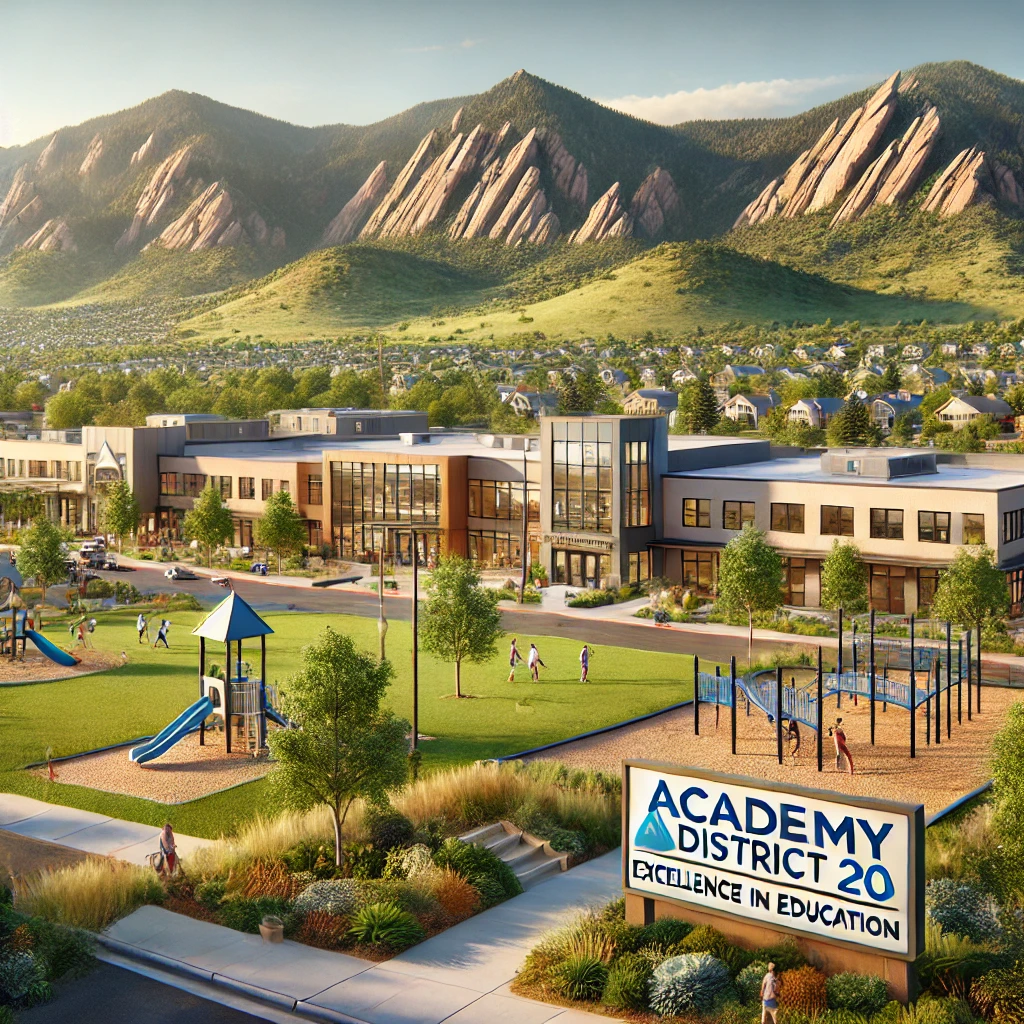 Modern school in Colorado Springs with Rocky Mountains in the background, featuring a playground, children playing, and a sign for Academy District 20