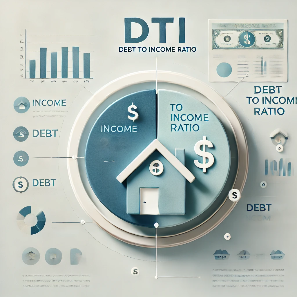 Illustration explaining the concept of Debt to Income Ratio with a balance scale showing debts on one side and income on the other