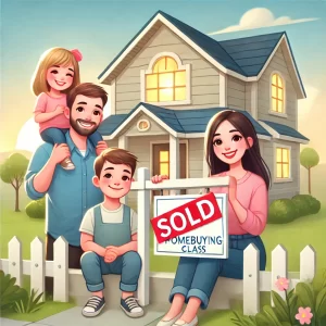 A cheerful young family stands in front of a cozy, modern house with a 'sold' sign. The family includes parents and a child, all smiling and dressed casually. The scene is set under a sunny sky with soft clouds, evoking feelings of warmth and excitement