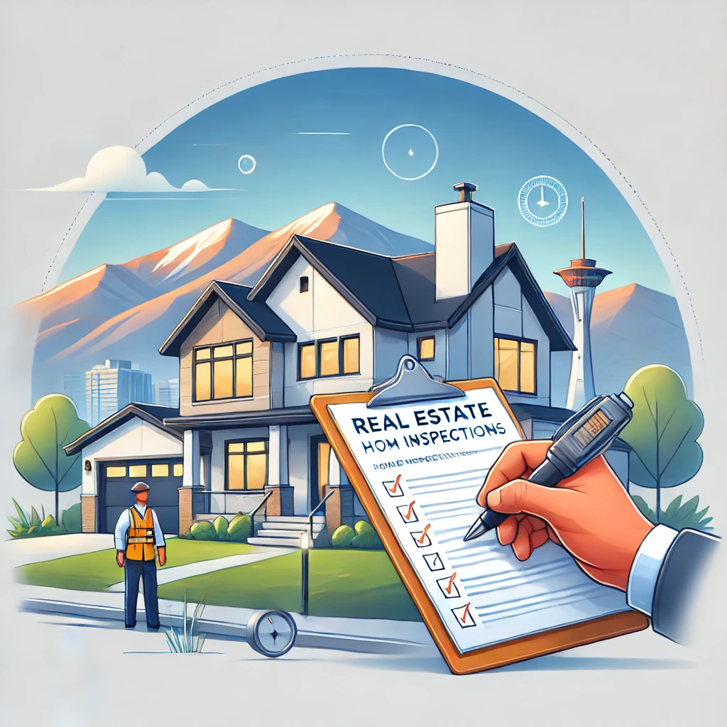 Professional real estate blog header image showing a modern house exterior, a checklist, and an inspector with a clipboard in a Colorado Springs landscape backdrop